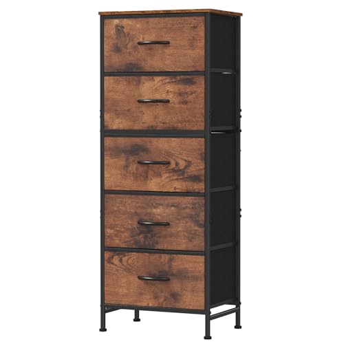DUMOS Nightstand with 5 Drawers Bedside Table with Removable Fabric Bins Sturdy Steel Frame Wood Top Organizer Furniture for Bedroom Nursery Closet Living Room, Brown - color: Brown, size: 15.7"D x 11.8"W x 47.7"H (5 Drawers)