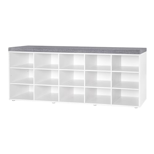 DINZI LVJ Shoe Storage Bench with Cushion, 15-Cubby Shoe Rack, Adjustable Shelves, Long Shoe Organizer Bench for Entryway, Mudroom, Hallway, Living Room, Bedroom and Garage, White - color: White, size: 15 Cubby