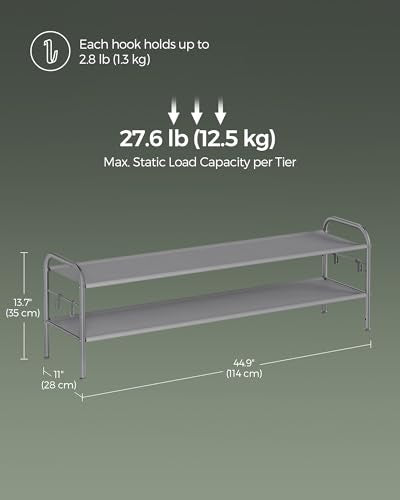 SONGMICS Shoe Rack, 2-Tier Shoe Organizer, Fabric Shoe Shelf Storage with 4 Hooks, Holds up to 12 Pairs of Shoes, Height-Adjustable Shoe Rack for Entryway, Hallway, Closet, Easy Assembly, Dove Gray - color: Dove Gray, size: 2 Tier (13.7"H)