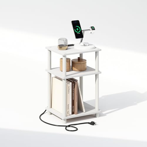 Furinno JUST Night Stand, 3-Tier Turn-N-Tube Nightstand with Charging Station, Bedside Table, End Table, Side Table with USB and Type-C Charging Port, for Bedroom, Closet, Dorm, White - color: White/White, size: 3-Tier, Charging Station, style: 1-Pack
