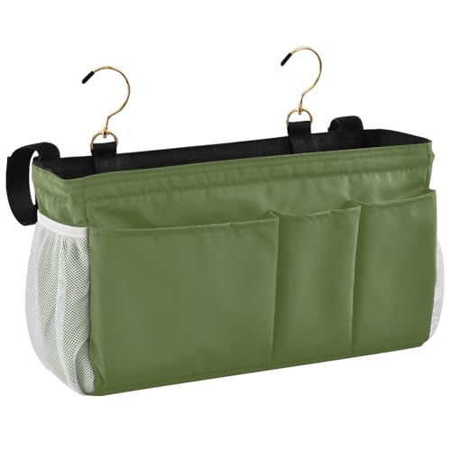YETTASBIN Olive Green Bedside Caddy Hanging Storage Organizer Bag with 2 Straps & Hooks for Bunk Beds, College Dorm, Hospital Bed - Holder for Books, Phone, Magazine, Glasses, Keys