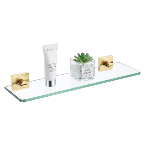KOKOSIRI Floating Wall Shelf 16-Inch Bathroom Tempered Glass Shelves Shower Hanging Rack for Kitchen Storage Home Decor, Gold Stainless Steel B1107BG-L16 - color: Brushed Gold, size: 16-Inch