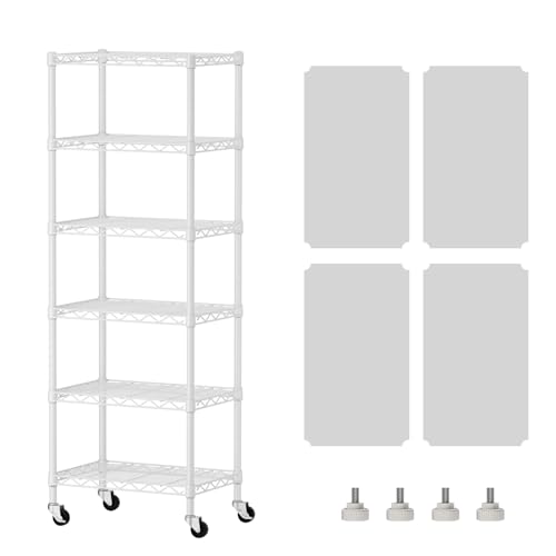 SINGAYE 6 Small Shelf Storage Wire Shelves Closet Bathroom Organizers Metal Pantry Kitchen Garage Shelving Unit Laundry Room Organization Home Narrow Rack Net Basket with Wheels White - color: White, size: 6Tier/11.5"D X 17.5"W X 61.5"H