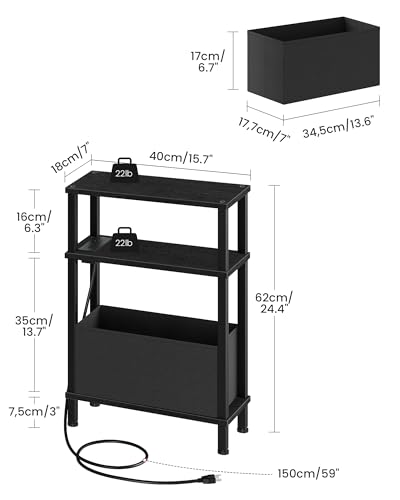 CHOEZON Small Narrow Side Table with Charging Station, Skinny End Table with Fabric Basket, Slim Nightstand for Small Spaces, Sofa Side Table, for Living Room, Bedroom, Black TBZ07UBB - color: Black