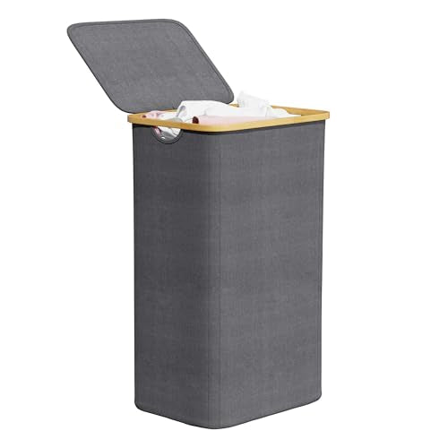 SpaceAid Laundry Hamper with Lid, 110L Large Tall Clothes Basket Bin with Bamboo Handles, Collapsible Laundry Hamper for Bedroom, Bathroom, Dorm, Laundry Room - Grey - color: Grey, size: 110 L