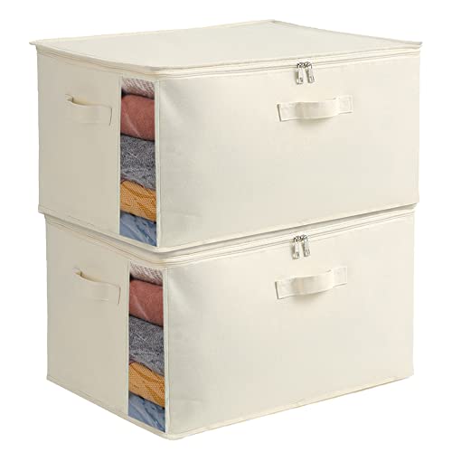 2 Pack Large Canvas Comforter Storage Bags Closet Organizer for Clothes Sweater Clothes Organizer with Dual Zipper Three Carrying Hand - color: Natural color, style: 2 Pack