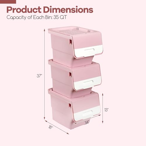 Giantex Plastic Stackable Storage Bins with Lids & Wheels, 3 Pack Open Front Stacking Bins, Organizer Bins for Pantry, Kitchen, Laundry, Closet, Playroom, Bedroom Organization (35 QT) - color: White + Pink, size: 3 Pack, 35 QT