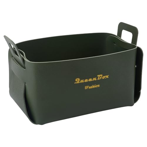 Foldable Storage Basket Bin PU Leather Desktop Organizer Box Green Small Catchall Basket Rectangle Tray Double Handles for Entryway Bedside Dresser End Table Cosmetic Jewelry Key Wallet - color: Green