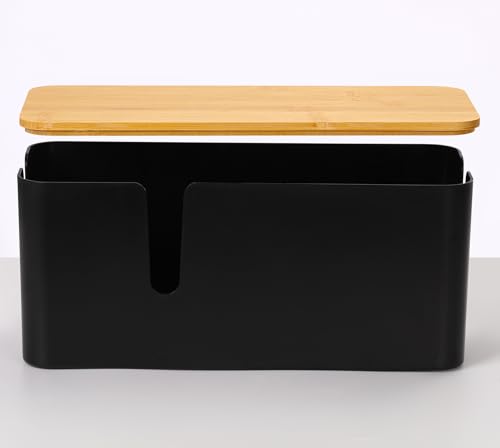ZhiYo Bamboo Lid Cord Organizer Box, Safe ABS Cable Management Box for TV and Computer, Wood Cover Cord Hider to Hide Wires, Router, USB Hub & Under Desk Power Strip, 1 Pack L13.1 xW5.6 xH5.6 Black - color: Black, size: L