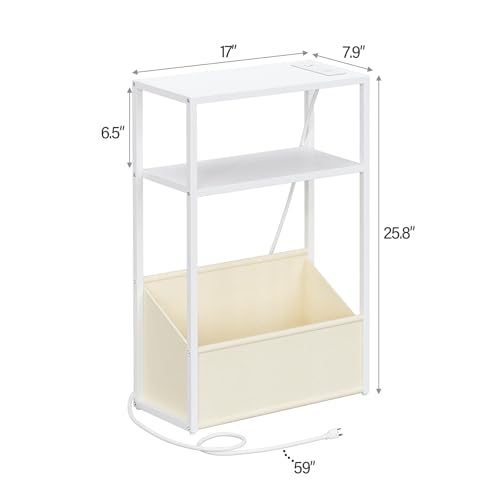 TUTOTAK Narrow Side Table, Small End Table with Charging Station, Nightstand with Fabric Basket, Bedside Table for Small Space, Livingroom, Bedroom White TB01BW095 - color: White