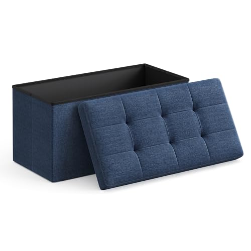 SONGMICS MAZIE Collection - 30 Inches Folding Storage Ottoman Bench, Ottoman Foot Rest, End of Bed Bench, Storage Chest, Load 660 lb, for Living Room, Bedroom, Entryway, Midnight Blue ULSF47IN - color: Midnight Blue, size: 15"D x 30"W x 15"H