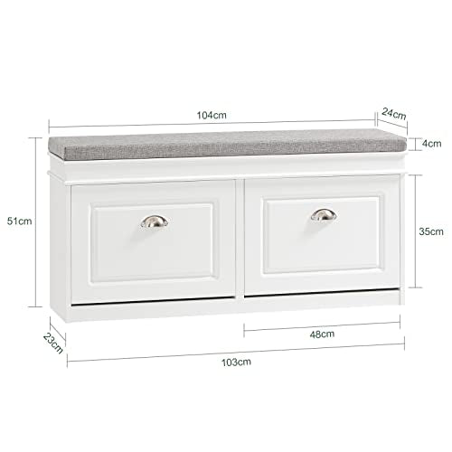 SoBuy White Storage Shoe Bench with 2 Flip Drawers, Hidden Shoe Bench, Free Standing Shoe Rack, Shoe Cabinet, Hallway Storage Bench with Seat Cushion FSR64-W - color: White, size: 2 Drawers (Long)