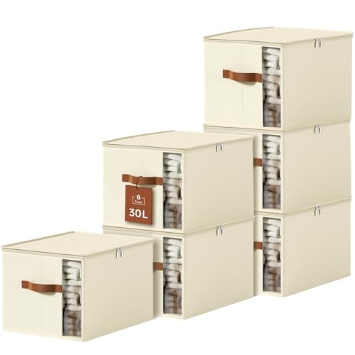 Clothes Storage Bins with Sturdy Frames, Foldable Fabric Clothing Organizer Box for Moving, Sweater Storage Cube with Lids and Zipper, Linen Closet Storage Bags for Blankets, Clothes, Sheet - color: White, size: Medium x 6 Packs