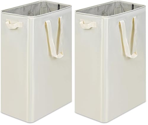 efluky Slim Laundry Basket, Narrow Laundry Hamper with Handles, Collapsible Dirty Clothes Hamper, Tall Laundry Bin for Laundry Room, Dorm and Bedroom, 19.8 Gallon (75L) Beige (Pack of 2) - color: Beige, size: 75L without Lid (Pack of 2)