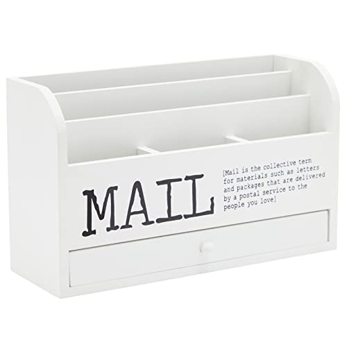 Juvale Wooden 3-Tier Countertop Mail Organizer - Desktop Organizer with Drawer for Paper & Supplies - Wall-Mount Mail Holder for Envelopes & Letters - White, 11 x 7 x 4 in