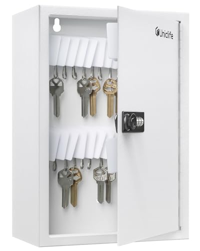 Uniclife 40 Position Slotted Key Cabinet with Combination Lock Resettable White Digital Security Storage Box Steel Key Organizer with Slotted Racks White Key Tag Labels and Permanent Pen - color: White, size: 40 Keys