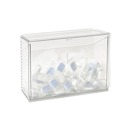 Clear Dishwasher Detergent Pod Holder for Kitchen Cabinet, Plastic Under Sink Storage and Organizer for Lid, Sponge, Coffee Pods, Large Laundry Pods Dispenser Box with Divider