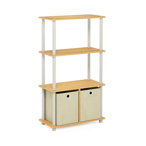 Furinno GO GREEN Storage Shelf, 4-Tier Storage Rack with Bins, Book Shelf, Display Rack, with Storage Bins, for Organization and Storage, Living Room, Home Office, Beech - color: Beech/White, size: 4-Tier with Bin