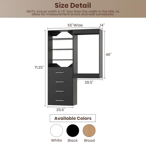 ROOMTEC Modular Closet System, 55" Wall-Mounted Closet Organizer with Drawers and Hanging Rods, Wooden Tower for Walk-In Closets, Wardrobe Storage Kit, Black - size: 55" Wide, style: Model 4