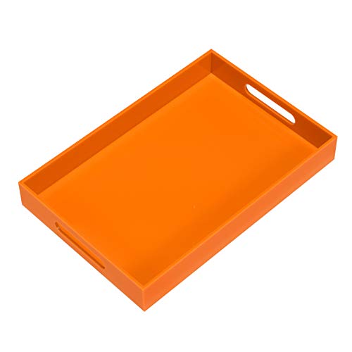 KEVLANG Orange Sturdy Acrylic Serving Tray with Handles-10x15Inch-Serving Coffee,Food,Breakfast,Butler-Kitchen Countertop Tray-Makeup Drawer Organizer-Vanity Table,Ottoman Tray-Decorative Tray - color: Glossy Orange, size: 15" x 10" x 2"