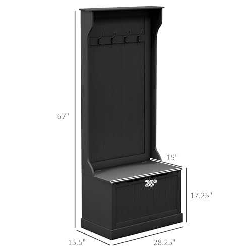 HOMCOM Hall Tree with Bench and Shoe Storage, 3-in-1 Entryway Bench with Coat Rack, 4 Hooks and Flip Top Storage Compartment, Black - color: Black, size: 28"