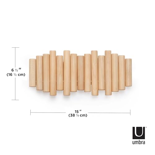 Umbra Picket Wall-Mounted Coat Rack Rail Hook with 5 Retractable Wood Pegs – Modern, Space-Saving Storage Organizer, Natural (Pack of 3) - color: Natural, size: 5-Hook (Pack of 3)