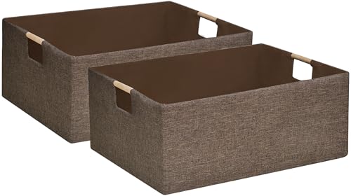 Collapsible Storage Box 16.9"x12.5"x7" with Wooden Handles | Foldable Organizer for Closet, Shelves, Toys & Cosmetics | Durable Linen-Polyester Fabric | Space-Saving Home Organization 2Pack - color: Brown
