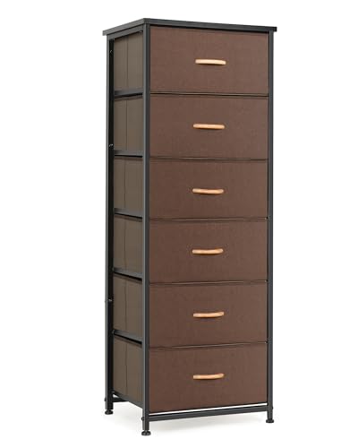 Mifuro Tall Dresser for Bedroom with 6 Drawers, Vertical Storage Organizer Tower, Chest of Drawers with Fabric Bins, Steel Frame, Wood Top for Bedroom, Closet, Entryway- Brown - color: Brown, size: 6 Medium Drawers