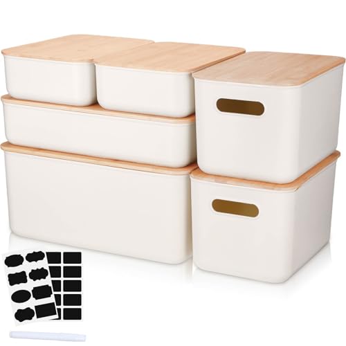 Suzile 6 Packs Plastic Storage Bins with Bamboo Lids Christmas Stackable Storage Containers for Xmas Decoration Ornaments Document Paper Organizing, with Labels and Marker(Medium Large) - size: Medium Large