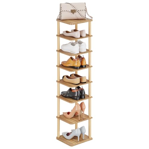 LUCKNOCK Vertical Shoe Rack, 8-Tier Tall Narrow Shoe Organizer for Entryway, Closet, Dorm & Small Spaces, Freestanding Wooden Shoe Shelf Tower for Boots, Sneakers, Heels. (Walnut) - color: Walnut