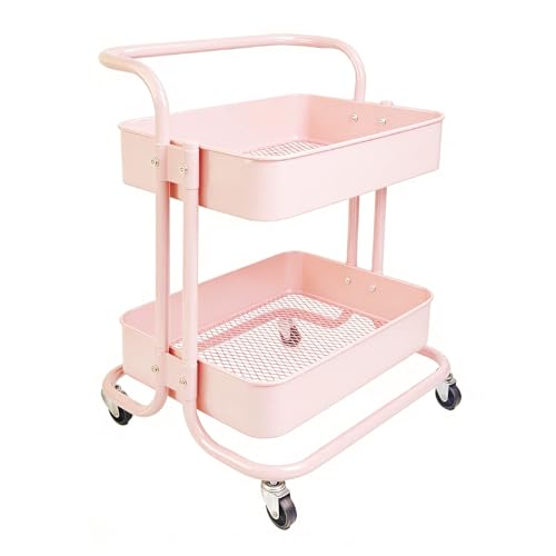 2 Tier Short Rolling Cart with Wheels All-Metal Pink Pantry Storage for Kitchen,Under Desk Trolley with Handle Small Wheeled Storage Cart for Laundry Room Bathroom, Under Table Small Space - color: C-pink