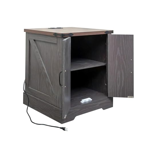 Farmhouse End Table with Charging Station, Rustic Wood Nightstand with Adjustable Shelf, 19.6"W Versatile Walnut Sofa Side Table with Barn Doors and Retro Hinges for Bedroom, Living Room (Grey-kk025) - color: Grey-kk025