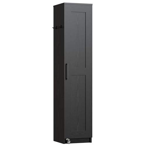 IRONCK Narrow Kitchen Pantry Storage Cabinet, 72" Slim Single Door with 6 Adjustable Shelves, Door Rack and Wheels, Space Saving Freestanding Storage Floor Cabinet for Small Place, Black