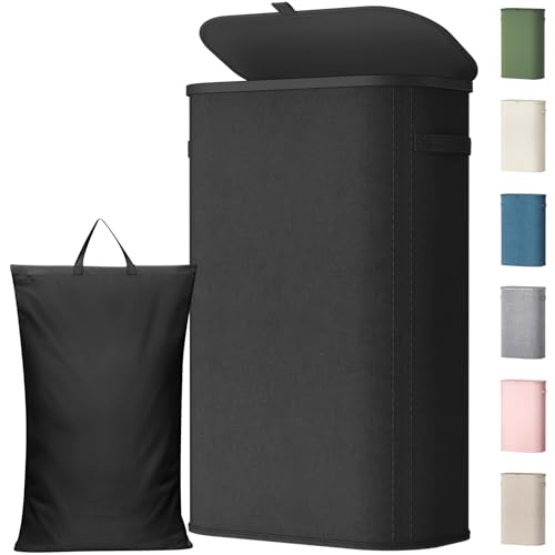 Lifewit Slim Laundry Basket with Lid, Narrow Large Laundry Hamper with Plastic Handles and Removable Bag, Tall Foldable Dirty Clothes Hampers for Laundry Room, Bedroom, Bathroom, Dorm, 65L Black - color: Black, size: 65L