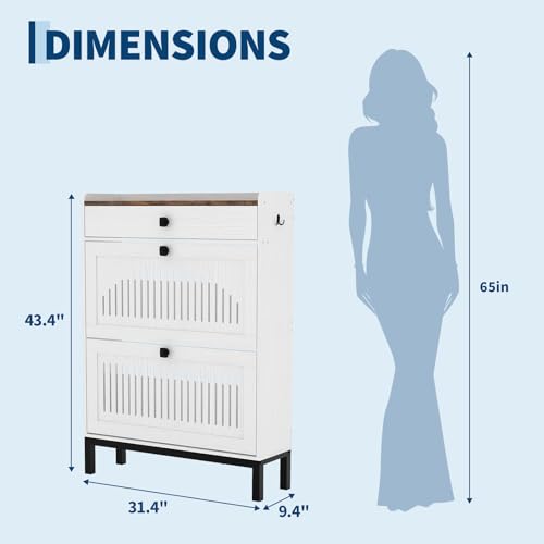 2-Door Flip Front Shoe Cabinet with Adjustable Shelves – Hidden Entryway Storage Organizer for Hallway, Foyer, Living Room – Freestanding Wooden Shoe Rack with Large Capacity & Modern Design, White - color: White & Rustic, size: 9.45"D x 31.4"W x 43.4"H