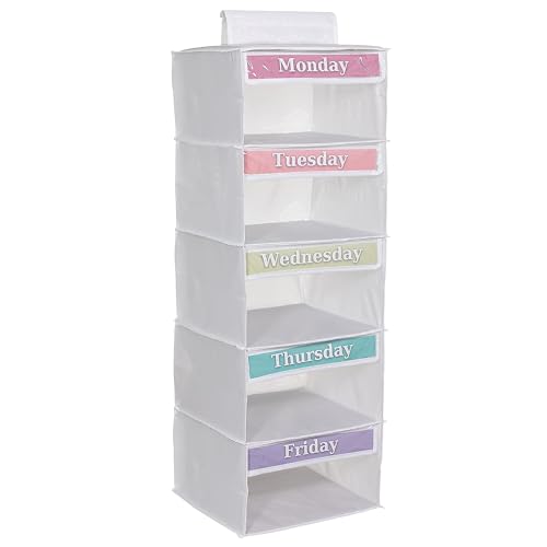 Three Sweet Peas Co Weekly Clothes Organizer for Kids – 5 Shelf Hanging Closet Storage for School Outfits | Monday to Friday Daily Clothing Divider with Color Labels, 33" Durable Polyester