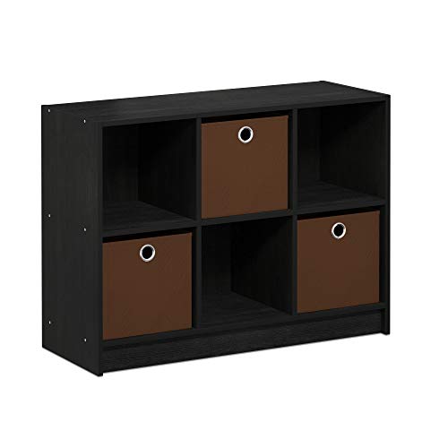 Furinno BASIC Book Shelf, 6-Cube Bookshelf with Open Shelf, 3 x 2 Bookcase with Storage Bins, Closed Back, Horizontal, 11.9 x 31.6 x 23.6, for Living Room, Bedroom, Home Office, Americano - color: Americano/Medium Brown, size: 6-Cube with Bin