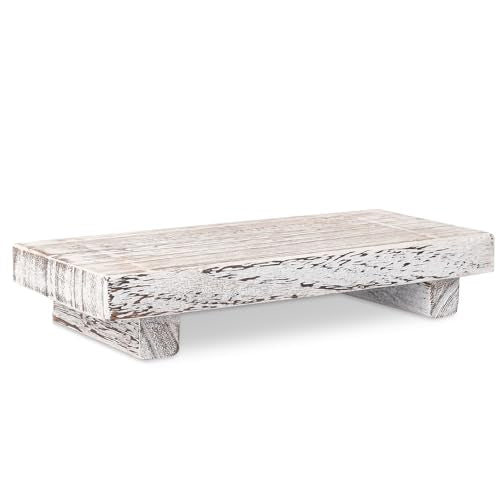 zoocatia Small Wood Tray Pedestal Stand Farmhouse Bathroom Decor Decorative Wooden Riser Kitchen Soap Dish Holder for Vanity, Counter, Sink, Retro White - color: Retro White, size: 8.7" x 3.6" x 1.6"