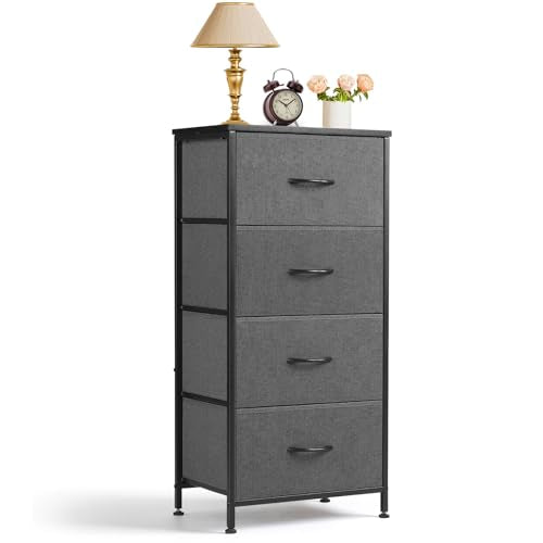 Nightstand, 4 Drawer Dresser End Table Bedside Furniture with Wooden Top Steel Frame Fabric Bins for Bedroom, Closet, Entryway, Dorm, Living Room, Gray - color: Grey, size: 11.8"D x 17.7"W x 37.4"H (4 Drawers)
