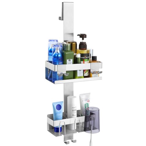 Emibele Over The Door Shower Caddy 2 Tier, 304 Stainless Steel Hanging Shower Caddy Rustproof Shower Shelves, No Drilling Hanging Shower Organizer for Bathroom Glass Door, Silver - color: Silver, style: 2-Tier