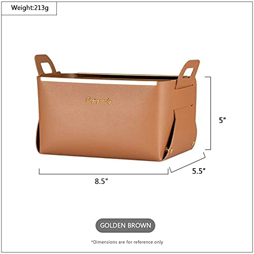 Decorative Faux Leather Basket,Small Catchall Basket for Entryway Bedside Dresser End table,Collapsible Rectangle Tray Organizer Box,Set of 2,Brown - color: Brown(2-Pack)