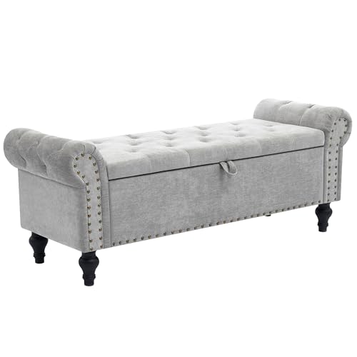 51" Storage Ottoman Bench, End of Bed Bench for Bedroom, Window Benches for Foot of Bed, Chenille Upholstered Benches, Storage Ottomans for Living Room, Entryway, Light Gray - color: Lightgray