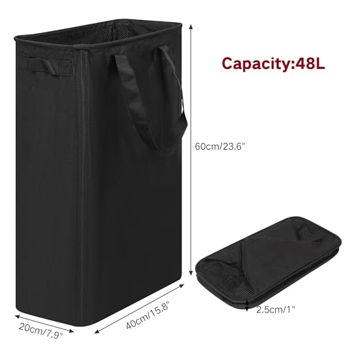 efluky Slim Laundry Basket, Narrow Laundry Hamper with Handles, Collapsible Dirty Clothes Hamper, Tall Laundry Bin for Laundry Room, Dorm and Bedroom, 12.7 Gallons(48L) Black - color: Black, size: 48L without Lid