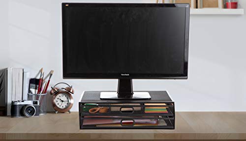 Mind Reader Monitor Stand, Ventilated Laptop Riser, Storage Drawer, Office, Metal Mesh, Black