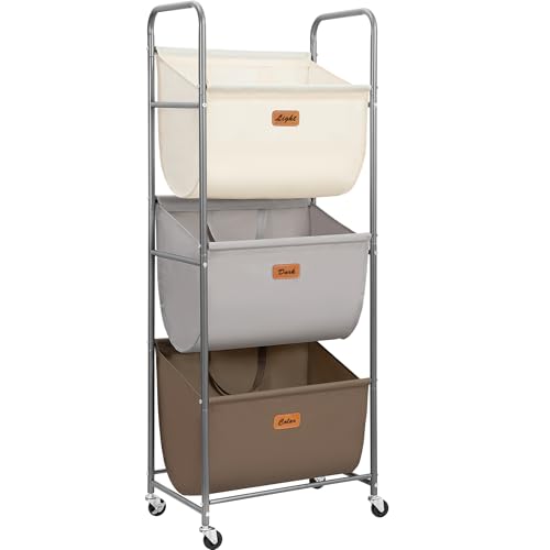 STORAGE MANIAC 120 Liters Vertical Rolling Laundry Hamper, 3 Section Laundry Sorter with Wheels and 2 Breaks, 3-tier Laundry Baskets for Small Space, Dorm, Laundry Room, Closet, Multicolored 3-tier - color: Multicolored, size: 3 Tier