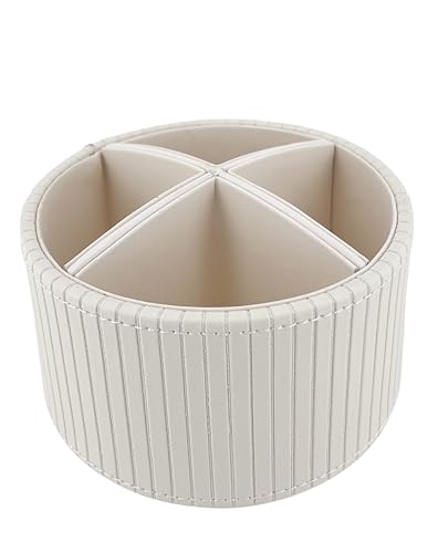 PU Leather Round TV Remote Control Holder for Table,360° Swivel Office Supply Desktop Organizer,4 Compartments Phone/Pen/Pencil Holder,Suitable for Stationery/Heater Controllers Etc - color: White stripe
