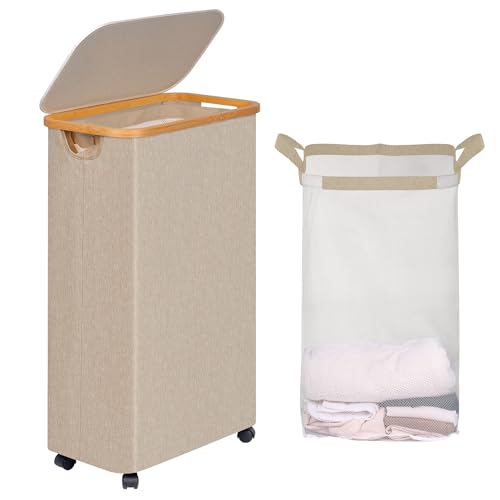 efluky Slim Laundry Hamper with Wheels, Narrow Laundry Basket with Lid and Removable Bag, Aesthetic Dirty Clothes Hamper on Wheels for Laundry Room, Bedroom, Dorm and Bathroom, 75L Beige - color: Oatmeal, size: 75L