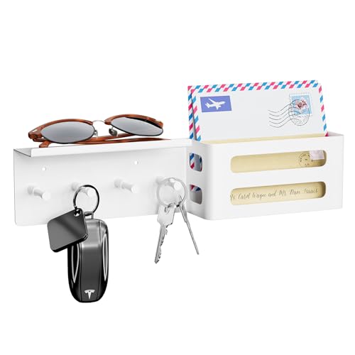 Key and Mail Holder for Wall, Key Hooks Rack Hanger Organizer Wall Mount with Small Shelf, Men Metal Entryway Living Room Storage Decor for Coat Purse Bag Wallet Dog Leash, Black - color: White