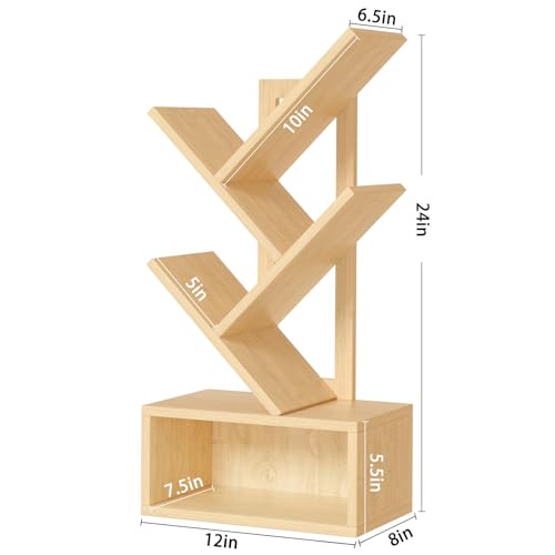 SHEEPAM Small Tree Book Shelf,5 Tier Black Tree Bookshelf,Wood Desktop Bookcase,Modern Desk Display Storage Bookshelves,Floor Standing Organizer Bookcases for Living Room,Bedroom,Office - color: Natural, size: 5 Tier