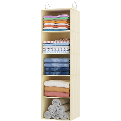 Lifewit 5 Tier Hanging Closet Organizer and Storage for Shelves, Foldable Clothes Shelf with 2 Sturdy Hooks, Sweater/Coat/Shoes Clothing Organization for Wardrobe, Dorm, Bedroom, Beige - color: Beige